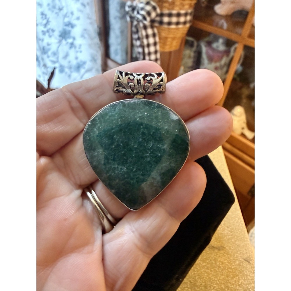 Large Sterling Silver 925 Green Aventurine Faceted Heart Shape 2" Pendant